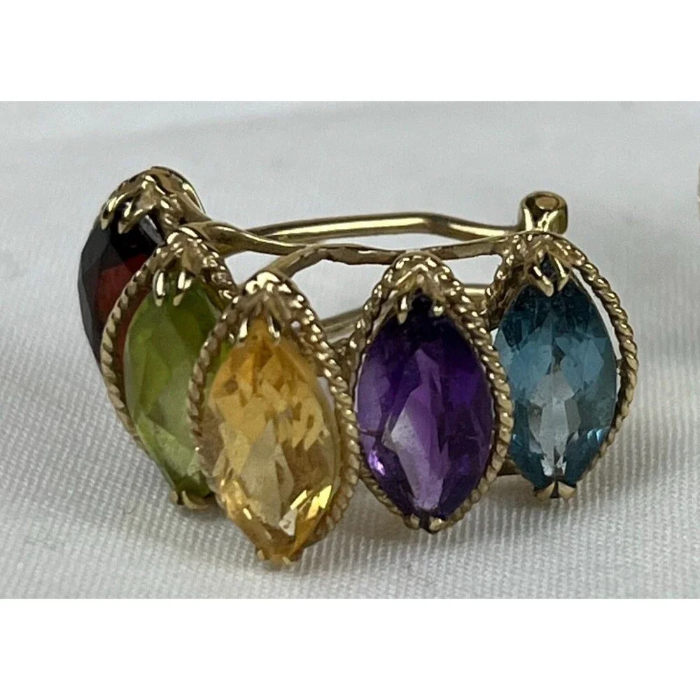 PTJ 14k YELLOW‎ GOLD GARNET, PERIDOT, BLUE TOPAZ, AMETHYST & TOPAZ HOOP EARRINGS